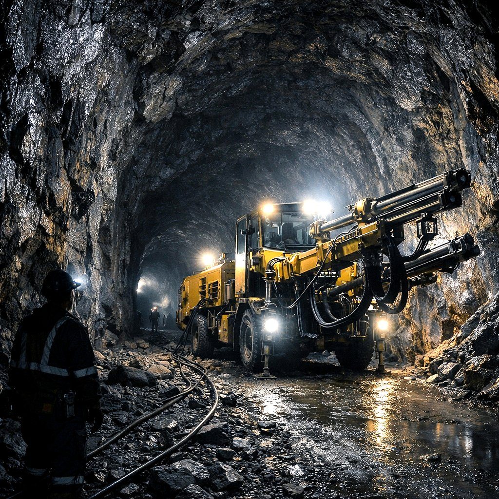 Jumbo drill rig at the face of an underground mine